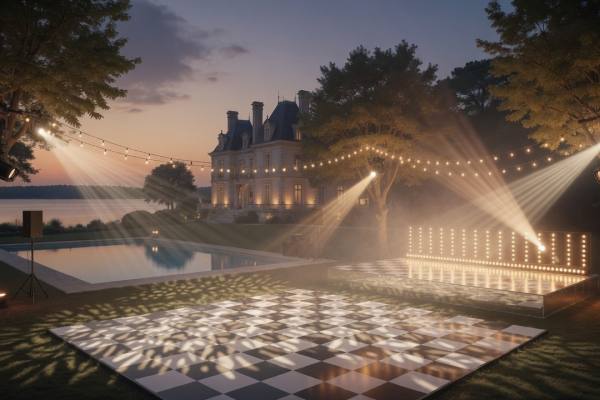 Sonorisation, Éclairage et Scène pour un mariage en extérieur au Château Mader, Bassin d’Arcachon