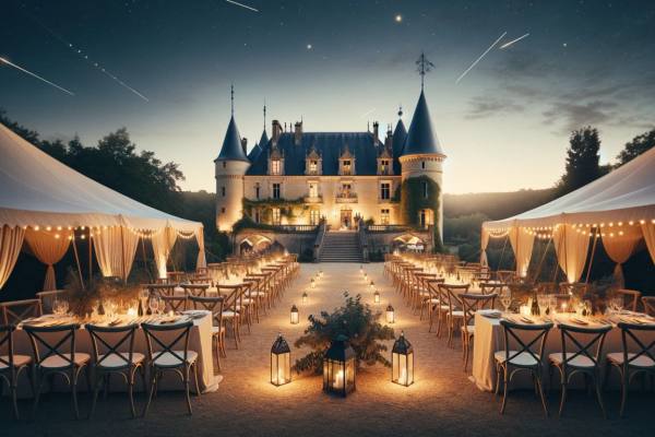 Package de location de piste de danse et d'éclairage fourni pour un mariage au château dans la Vallée de la Garonne