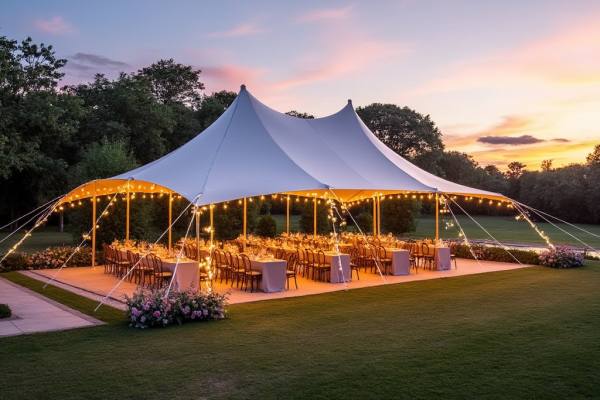 Fête24 fournit un éclairage de tente extensible et de feston de 10 mx 7,5 m pour un mariage au Fleix