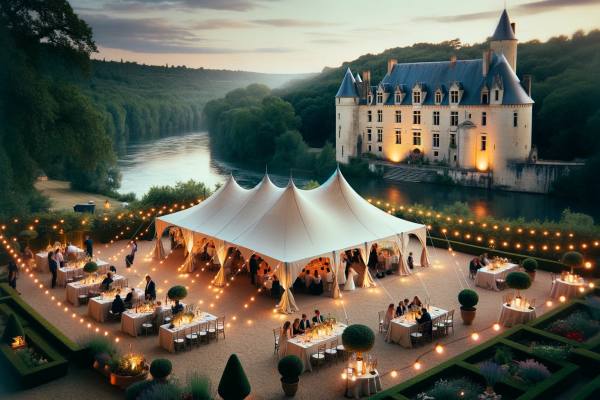 Fête24 fournit un éclairage de tente extensible et de feston pour un mariage de Pâques au Château du Raysse